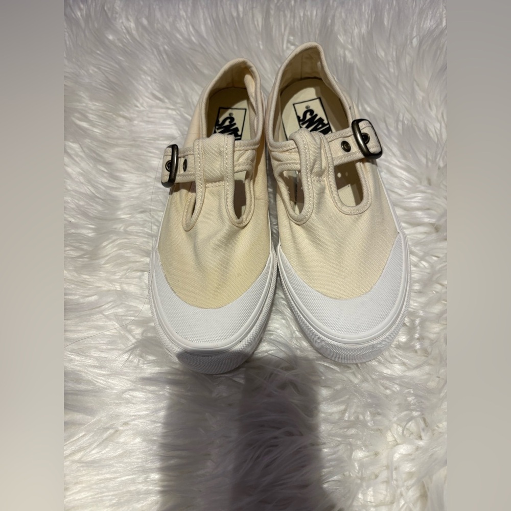 Vans Cream and White T-Strap Canvas Sneakers